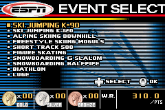 ESPN International Winter Sports 2002 (Game Boy Advance) screenshot: The events you can choose from