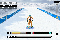 ESPN International Winter Sports 2002 (Game Boy Advance) screenshot: The Biathlon is 2 events in 1. One part is a skiing race.