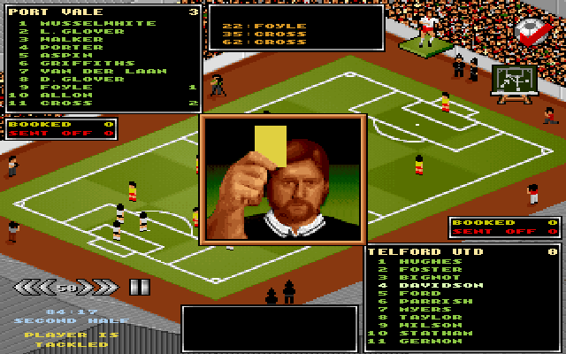 Premier Manager 3 (DOS) screenshot: Someone got a yellow card.