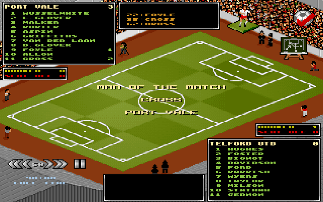 Premier Manager 3 (DOS) screenshot: Man of the match is Cross from Port Vale.