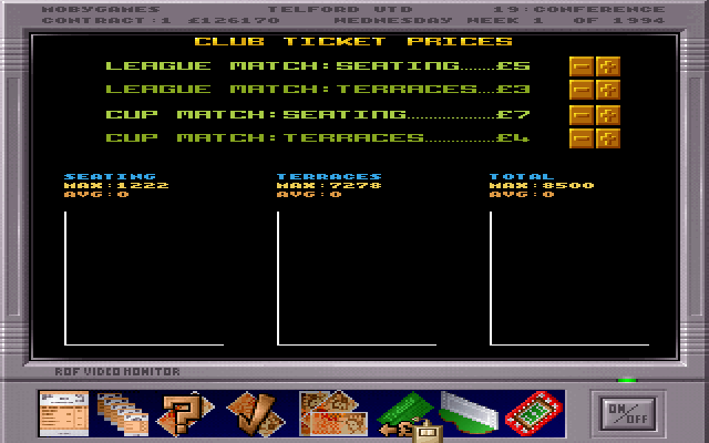 Premier Manager 3 (DOS) screenshot: Setting ticket prices.