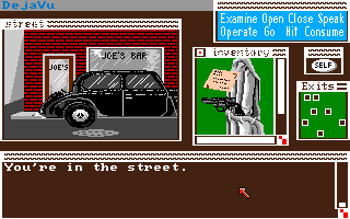 Deja Vu: A Nightmare Comes True!! (Amiga) screenshot: The street outside Joe's Bar.