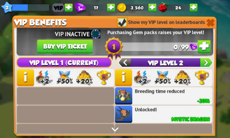 Dragon Mania Legends (Android) screenshot: VIP benefits