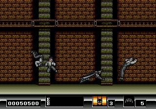 Batman: The Video Game (Genesis) screenshot: After parking the Batmobile, he'll continue on foot on the streets. Things won't be easy, as you can see.