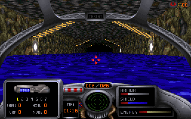 Radix: Beyond the Void (DOS) screenshot: Going down a watery tunnel.