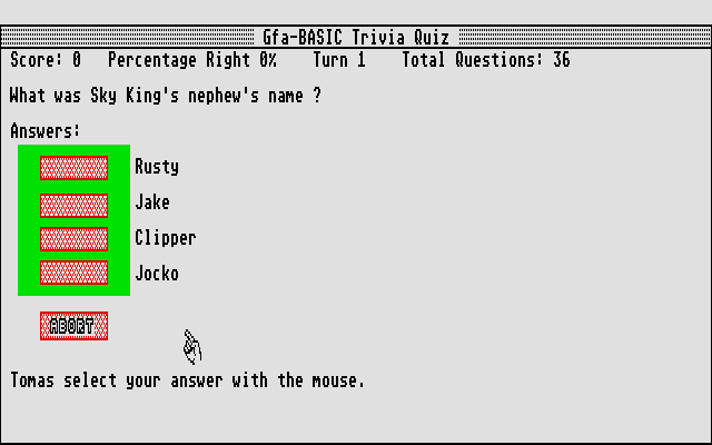 Trivia Quiz (Atari ST) screenshot: A typical question