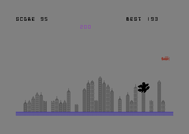 Super Blitz (Commodore 64) screenshot: A bomb hit King Kong while he was climbing, 200 points