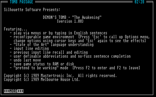 Demon's Tomb: The Awakening (Atari ST) screenshot: Features
