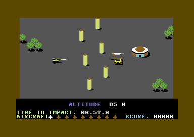 Raid over Moscow (Commodore 64) screenshot: The side-view shooter part reminds us of Zaxxon