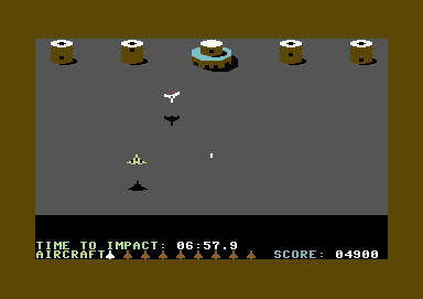 Raid over Moscow (Commodore 64) screenshot: The fighter turns blue when in the exact position for shooting the turrets