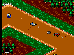 Buggy Run (SEGA Master System) screenshot: Me (Blue) racing towards a random item after leaving a little gift for the racer behind, a mine.