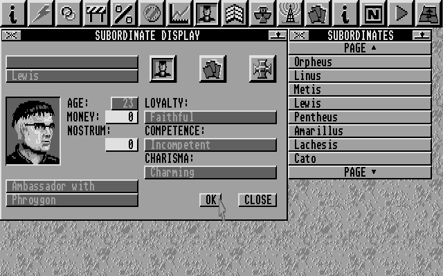 Imperium (Atari ST) screenshot: Info about one of your subordinates