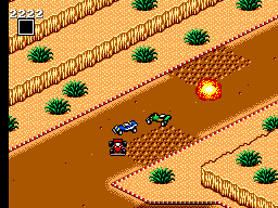 Buggy Run (SEGA Master System) screenshot: Buggy hitting my mine as we all navigate around the bumps on beginner track 3