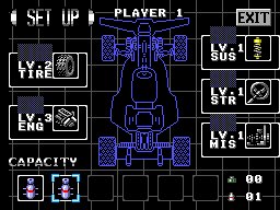 Buggy Run (SEGA Master System) screenshot: Buggy set up screen where you can downgrade your upgrades (have no idea why) and select the order of your special items.