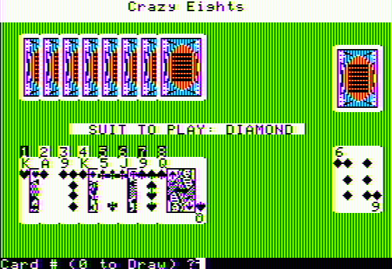 Crazy Eights (Apple II) screenshot: Start of a game