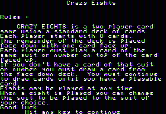 Crazy Eights (Apple II) screenshot: Instructions