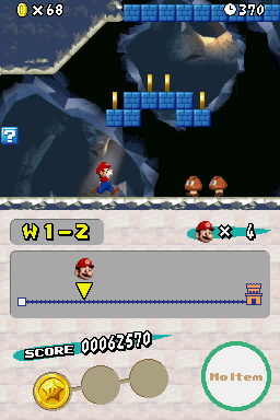 New Super Mario Bros. (Nintendo DS) screenshot: Like the original, World 1-2 is underground.