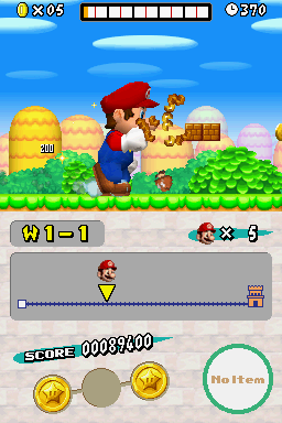 New Super Mario Bros. (Nintendo DS) screenshot: There are new powerups, too. This giant version of Mario can crash right through blocks, pipes, and enemies. The lower screen shows how far through the level you are, and other things.
