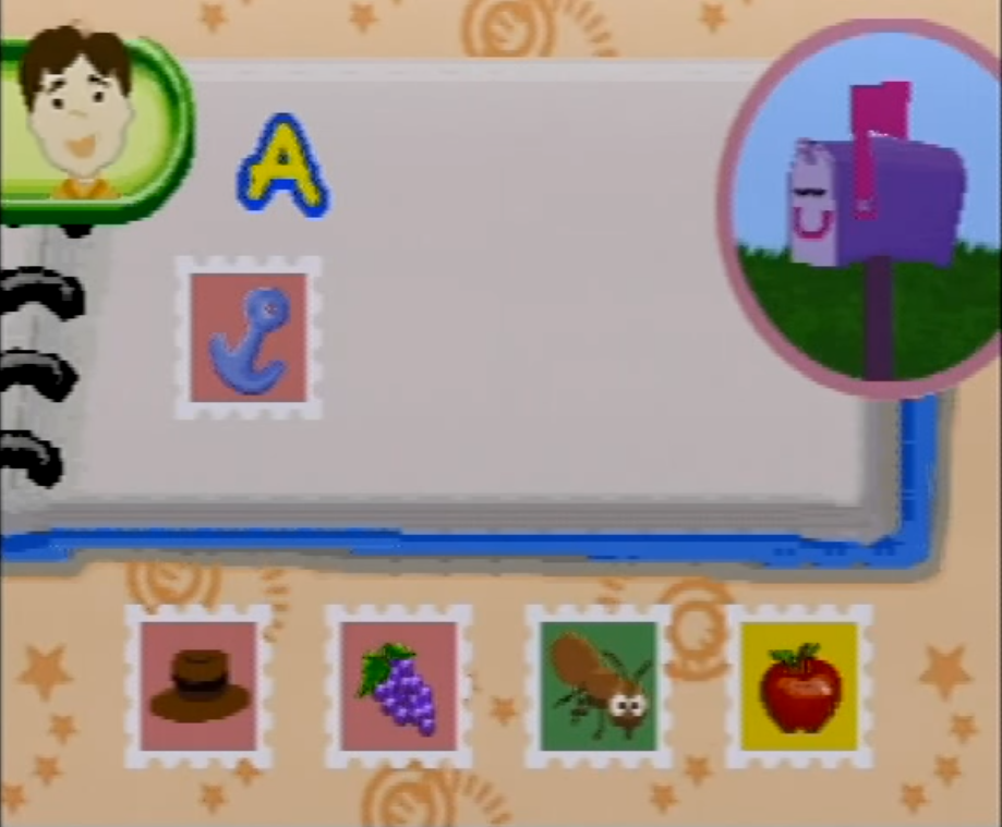 Blue's Clues: Collection Day (V.Smile) screenshot: In this game, you must help mailbox organize stamps by the first letter of the object.