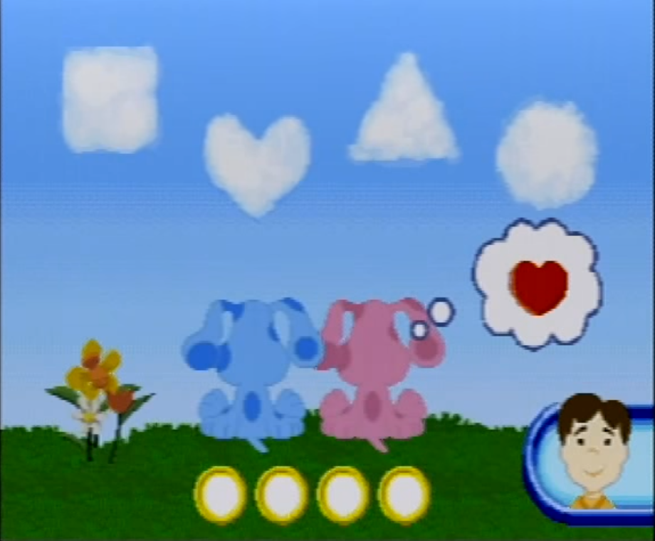 Blue's Clues: Collection Day (V.Smile) screenshot: In this game, you match shapes by looking at what Magenta is thinking, and then choosing the correct cloud.
