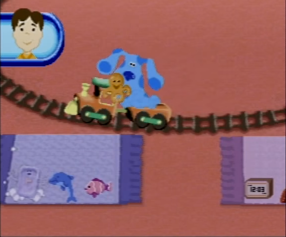 Blue's Clues: Collection Day (V.Smile) screenshot: Blue must deliver objects to the right collection (for example, Slippery Soap collects plush sea animals)