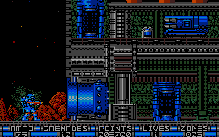 Exolon (Atari ST) screenshot: A door blocks my way into the building