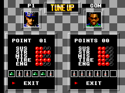 Buggy Run (SEGA Master System) screenshot: Vs Com mode. Selecting the upgrades with allocating points.