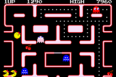 Namco Museum (Game Boy Advance) screenshot: Ms. Pac-Man gameplay (scrolling)
