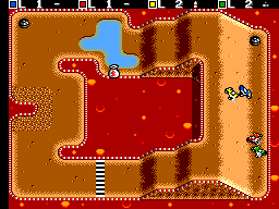 Buggy Run (SEGA Master System) screenshot: 2 player Race mode with 2 players and 2 computers battling it out.