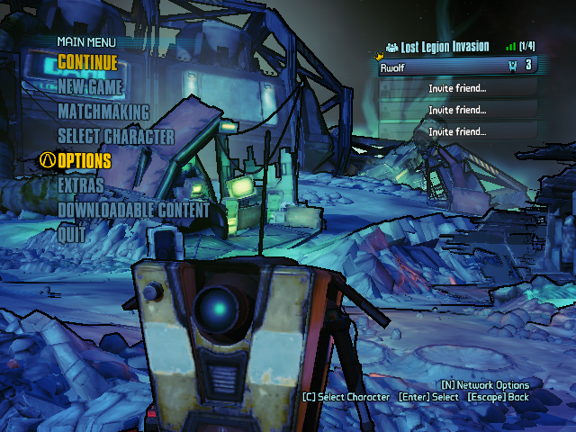 Borderlands: The Pre-Sequel! (Windows) screenshot: Main menu - current player character is the claptrap robot. The background is animated.