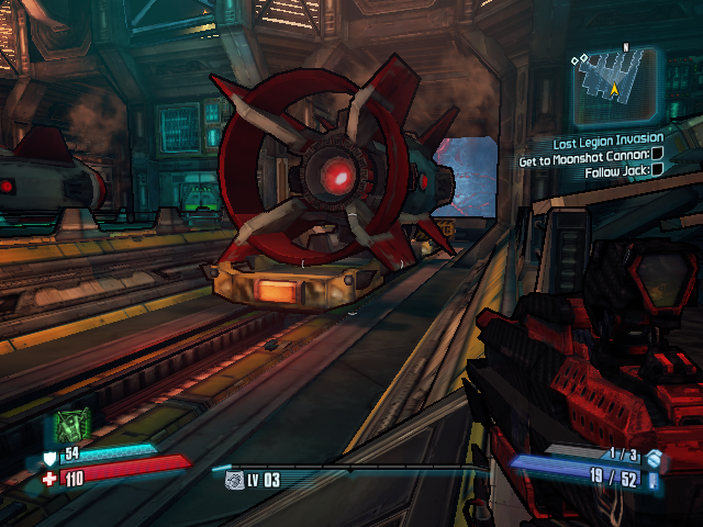 Borderlands: The Pre-Sequel! (Windows) screenshot: The player interface is similar to the Borderlands 2 game. Mission objectives upper right. Player status overview on bottom.