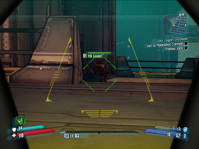 Borderlands: The Pre-Sequel! (Windows) screenshot: Weapon scope has different looks depending on manufacturer. This target is friendly.