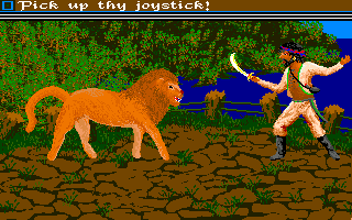 Sinbad and the Throne of the Falcon (Amiga) screenshot: Sinbad fights with a lion.