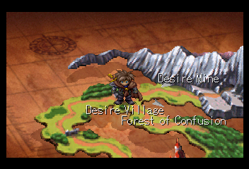Shining the Holy Ark (SEGA Saturn) screenshot: The world map is dotted with villages, towns, forests, dungeons and other locations that you can travel to and from.