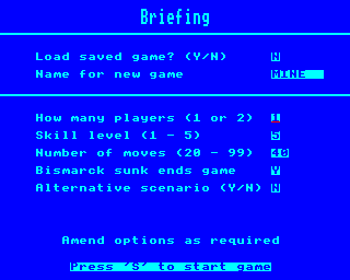 Bismarck: Death of a Battleship (BBC Micro) screenshot: Options