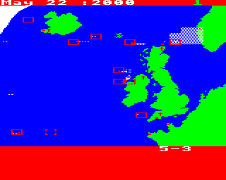 Bismarck: Death of a Battleship (BBC Micro) screenshot: The projection mode where we can see how units will move