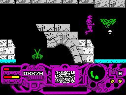 Rad Warrior (ZX Spectrum) screenshot: Another huge monster dropping bombs.