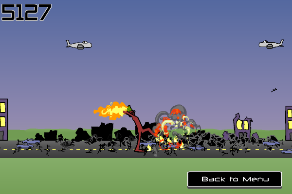 City Smasher (Browser) screenshot: Using my flame fist on the fleeing stick people.