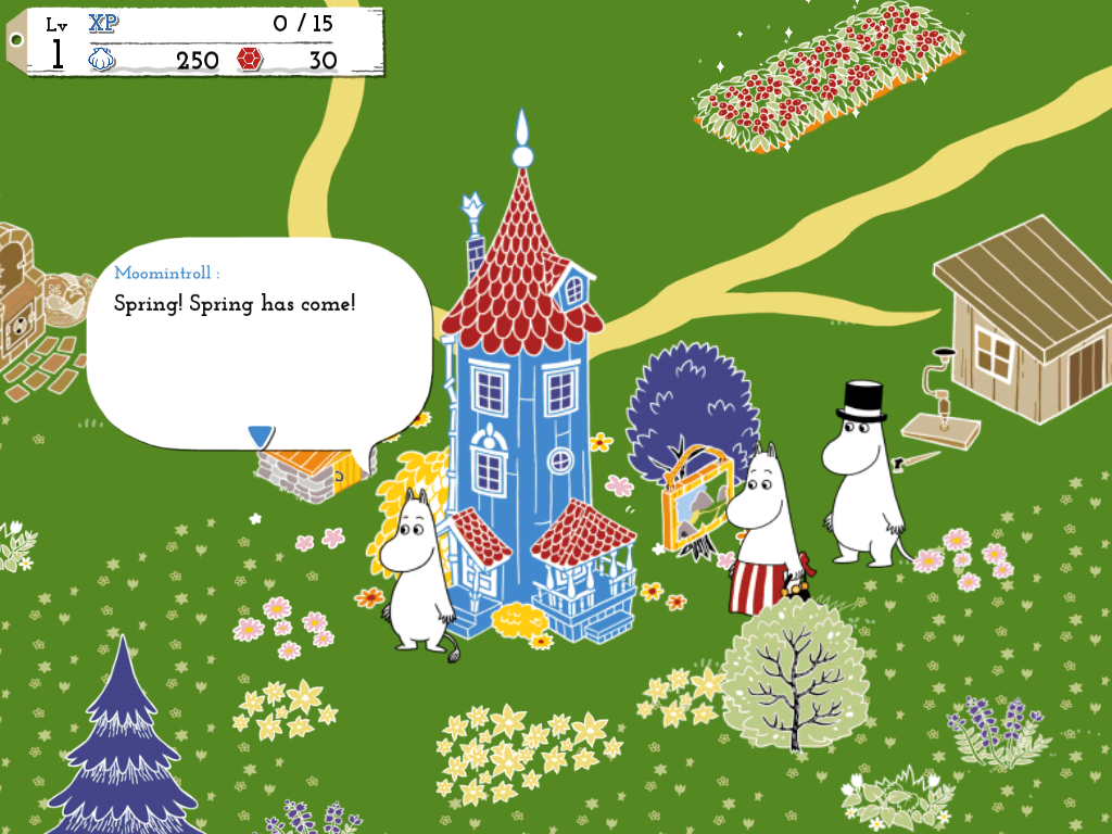 Moomin: Welcome to Moominvalley (iPad) screenshot: "Spring is here, spring is here! Life is Skittles and life is beer!"