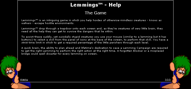 DHTML Lemmings (Browser) screenshot: Instructions
