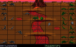 Dino Wars (Amiga) screenshot: Playing a game on the lava map.