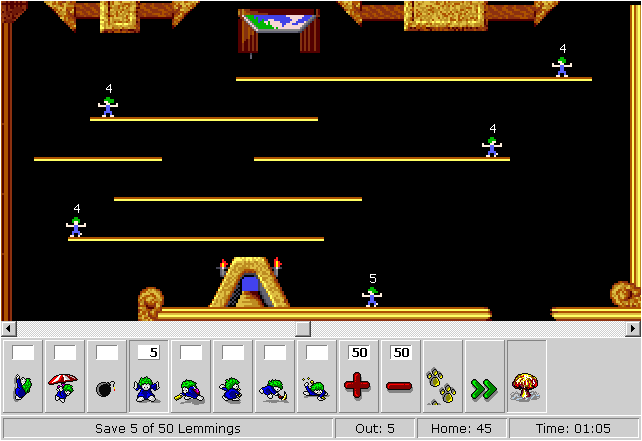 DHTML Lemmings (Browser) screenshot: Level 3: Tailor-made for blockers. And what are those little numbers over their heads?