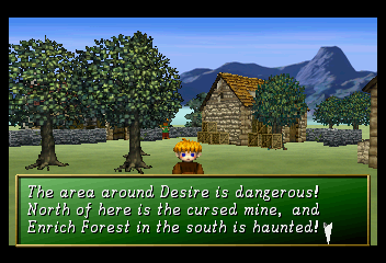 Shining the Holy Ark (SEGA Saturn) screenshot: Desire Village ~ In villages and towns you can buy goods and new equipment, relax in the inn or save your adventure. Desire Village is the only place that has a blacksmith's shop.