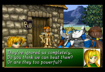 Shining the Holy Ark (SEGA Saturn) screenshot: Desire Village ~ In the inn the two groups of mercenaries who were hired to capture Rodi meet. Arthur, Melody and Forte were sent out by the King, Basso and Lisa by the former chancellor, Sabato.