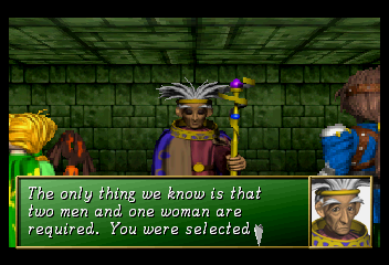 Shining the Holy Ark (SEGA Saturn) screenshot: Enrich Dungeon ~ In the dungeon, the group reaches an inner chamber and Sabato appears.