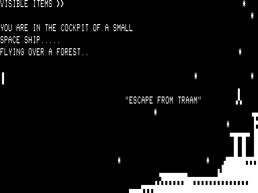 Escape from Traam (TRS-80) screenshot: The game begins in a ship about to crash.