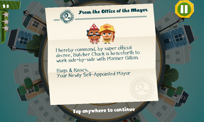 Twisty Hollow (Android) screenshot: A letter from the mayor introduces each level