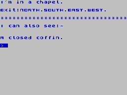 Scott Adams Scoops (ZX Spectrum) screenshot: (Voodoo Castle) Starting in a chapel which conveniently has 4 exits