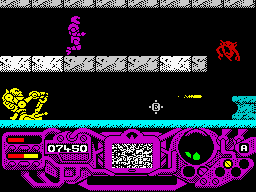 Rad Warrior (ZX Spectrum) screenshot: After I've found the gravitational boots, it's time to find some sort of weapon for the armour. That guy over there looks nasty.