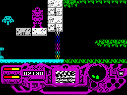 Rad Warrior (ZX Spectrum) screenshot: I'm using the sacred armour and recharging my energy, the interface turned magenta but I cannot lift off...